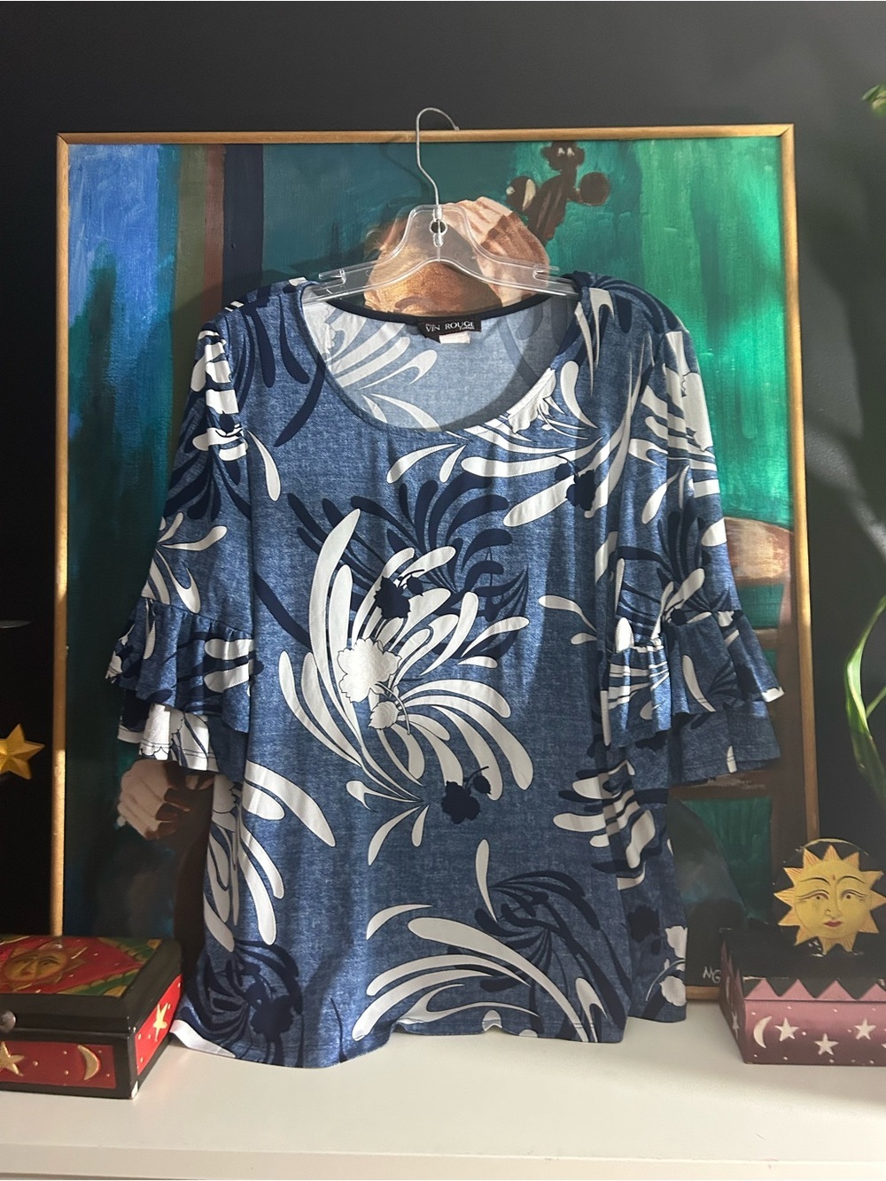 Vin Rouge Blue White Floral Print 3/4 Sleeve Tunic Top